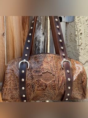 Harley-Davidson Tooled Leather Tan & Brown Studded Shoulder Bag